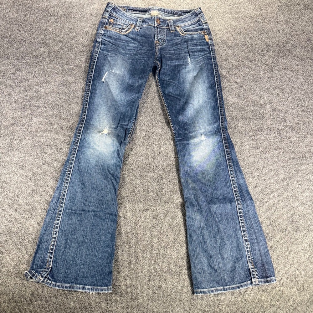 Silver Jeans Frances Flare Leg Distressed Low Rise Denim W27 L31 Blue Womens